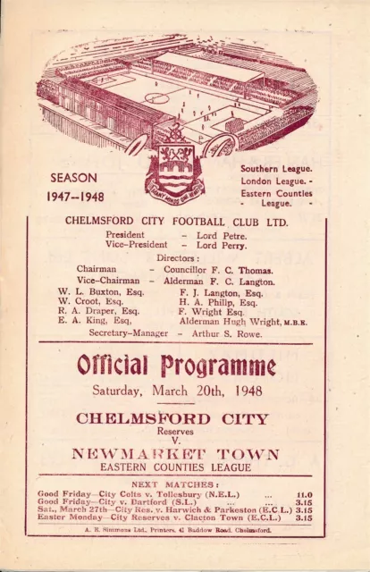 Chelmsford City v Newmarket Town (Eastern Counties League) 1947/1948