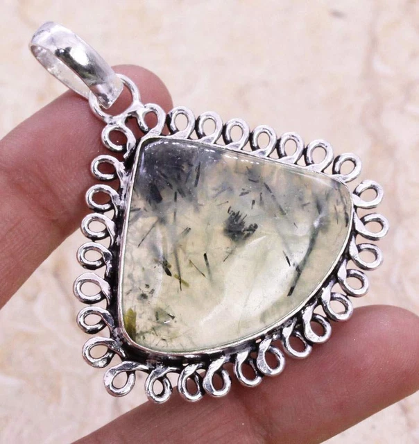 Charming Moss Prehnite 925 Silver Plated Handmade Pendant of 2" Ethnic Gift