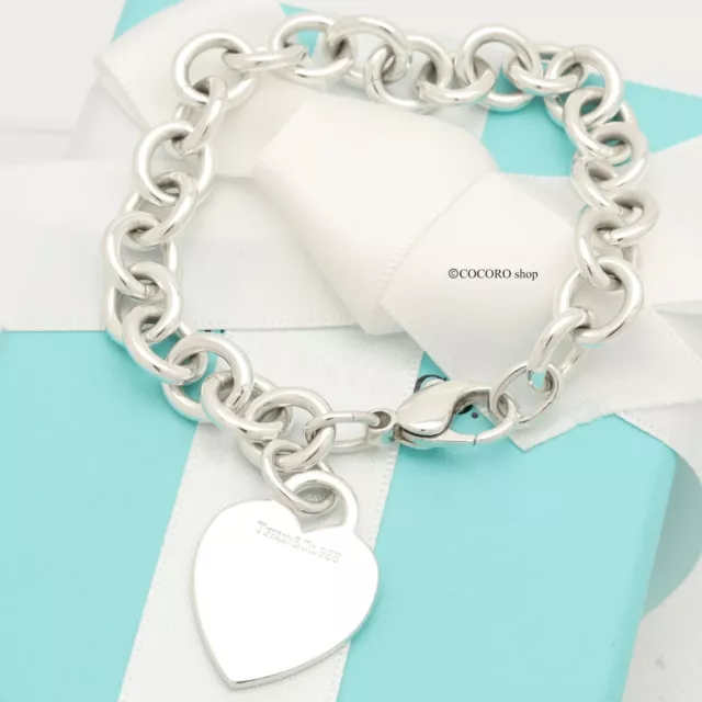 Tiffany & Co. Heart Tag Charm Chain Bracelet 7.2" Sterling Silver 925 w/Pouch