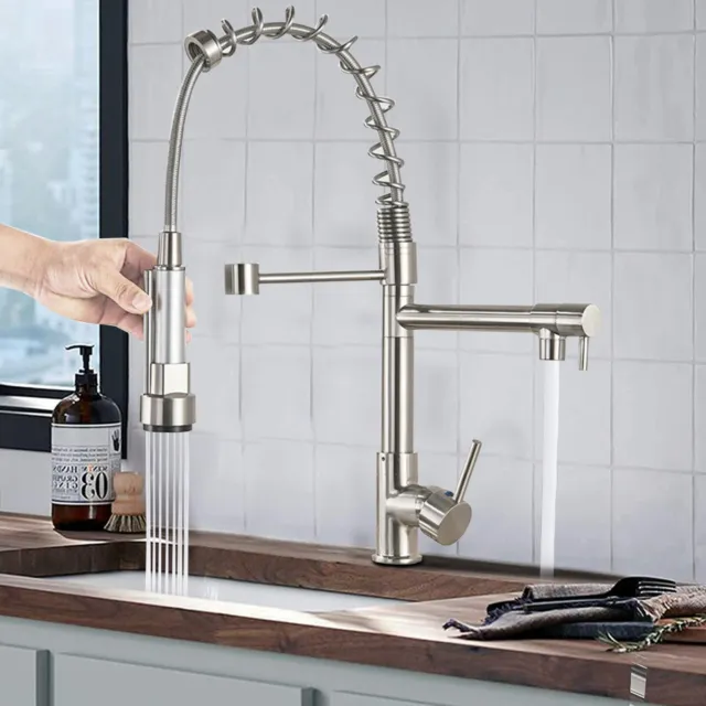 Commercial Kitchen Sink Faucet Pull Down Sprayer Twin Head Mixer Stainless Steel