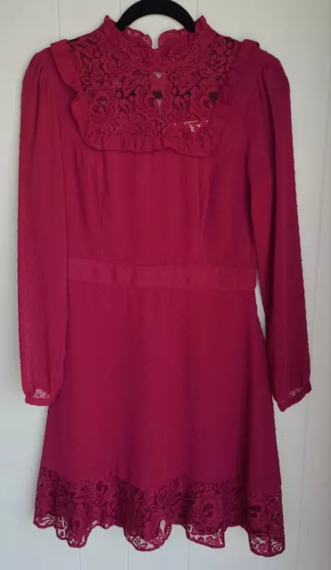 REVIEW burgundy red dress High neck Lace Long sleeves Size 10