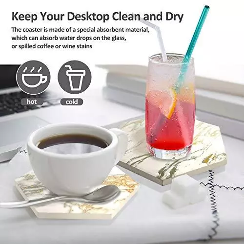 8 Pcs Drink Coasters with Metal Holder Stand, Marble Design Hexagon, Golden 3