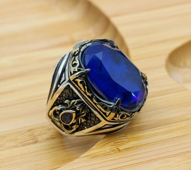 Bague pour homme en saphir faite à la main en argent sterling 925 avec...