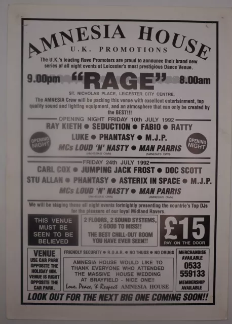 Rave Flyer-Amnesia House RAGE Leicester-Size A4-GC-D 2