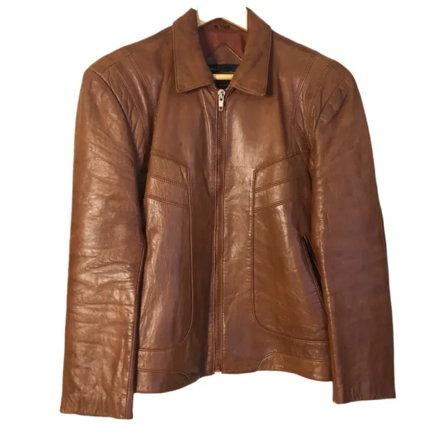 Vintage Cognac Leather Zip Front Jacket