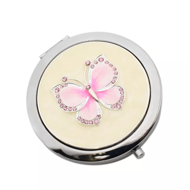 Beautiful Silver Plated Compact Mirror with Pink Crystal Butterfly