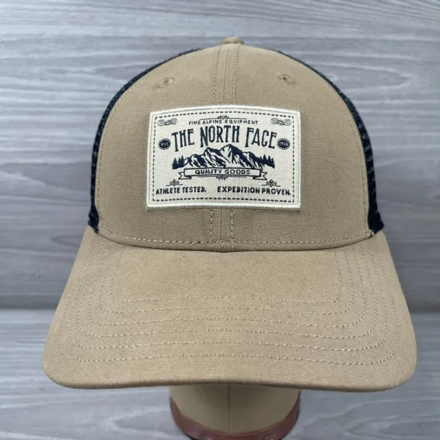 The North Face Trucker Hat Snapback Tan & Blue Mesh Outdoor Cap Logo Patch