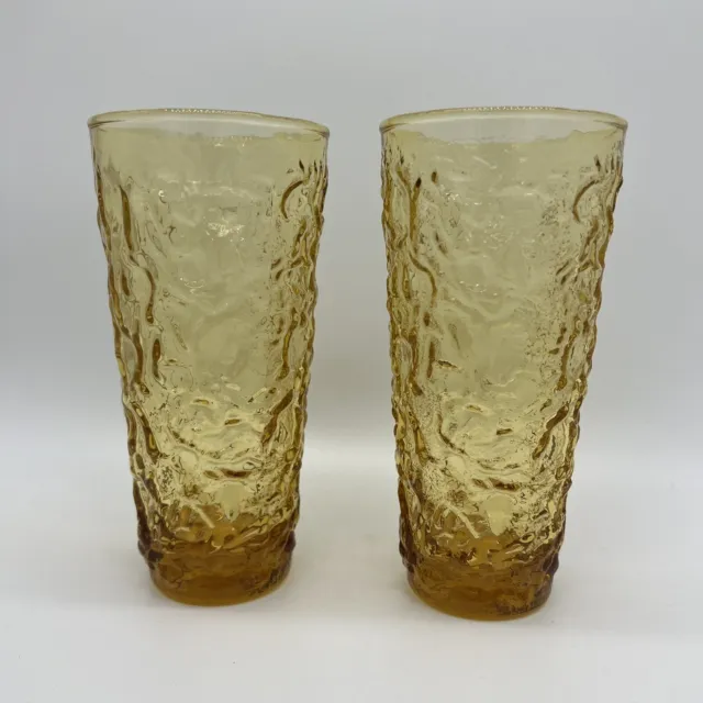 Two (2) Anchor Hocking Flat Iced Tea Milano Honey Gold Glasses Tumblers Vintage