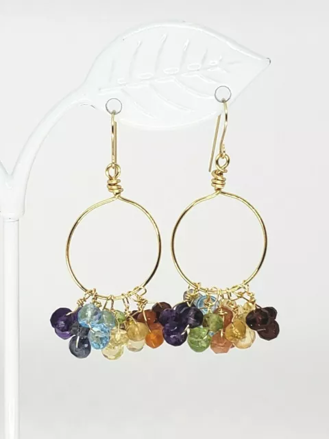 14k Yellow Gold Garnet Topaz Peridot Citrine Amethyst Hoop Cluster Drop Earrings