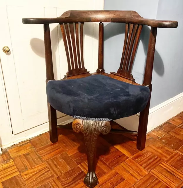 Georgian Antique 18th Century Mahogany Corner Chair  Claw Ball Foot Blue Velvet