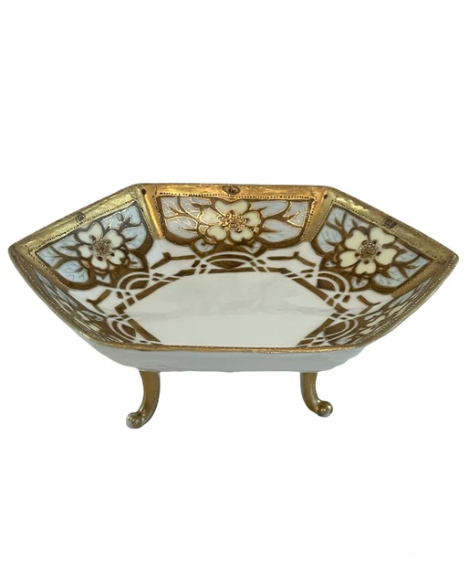 Vintage BiBi Nippon Hand Painted Porcelain Footed Bowl Floral w/Gold Accents