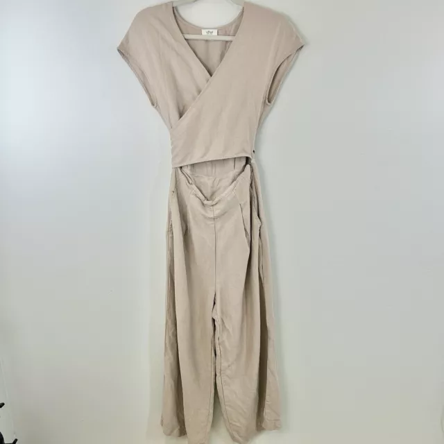 Aritzia Wilfred Free Jumpsuit Womens 6 Linen Tan Wide Leg Cap Sleeve V Neck