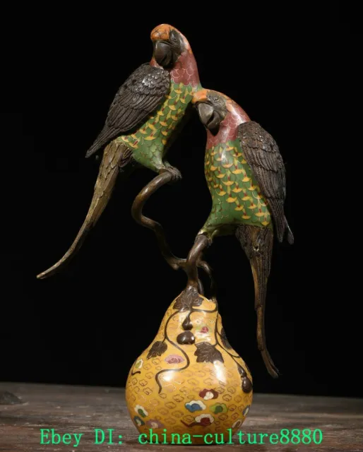 13.3 "cuivre antique scenatic émail gourde perroquet oiseau encens poêle