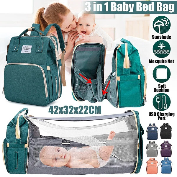 3 in 1 Foldable Baby Bed Mummy Bag Waterproof Stroller Nappy Bag with USB Port