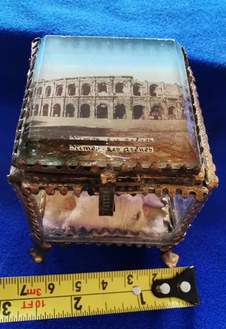 Antique 19thc French NIMES ARENA Eglomise glass ormolu casket  Jewellery Box