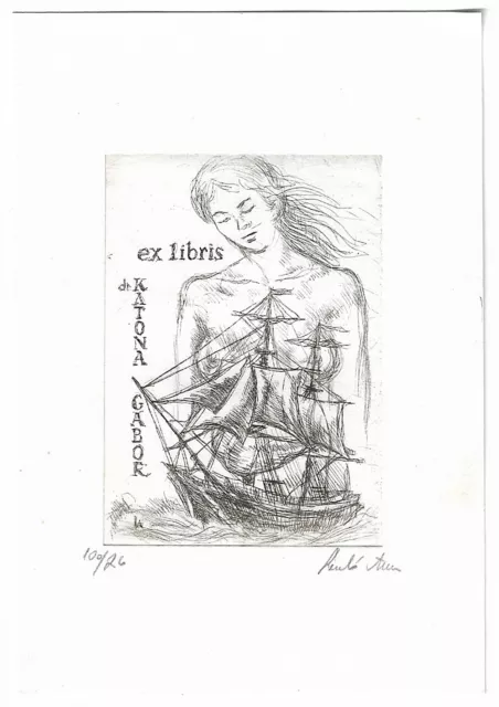 ANNA LASZLO: Exlibris für Dr. Gabor Katona, Segelschiff mit Halbakt