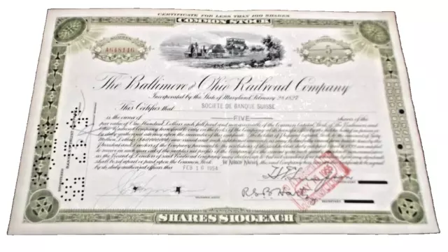 1954 Baltimore & Ohio Railroad Five Shares Common Stock Certificate