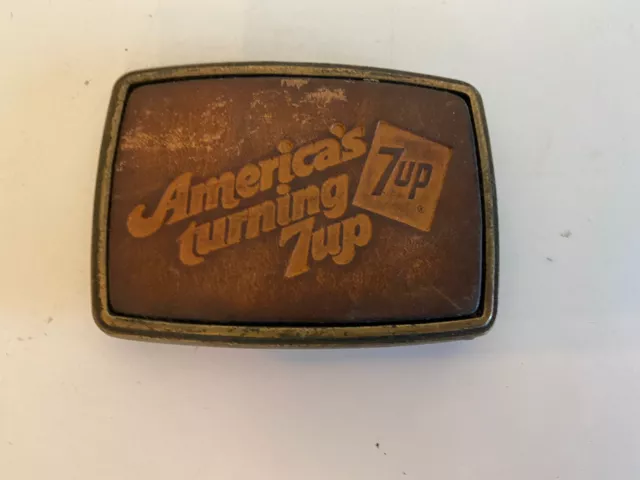 Vintage 1970’s “America’s Turning 7Up” Brass / Leather Belt Buckle