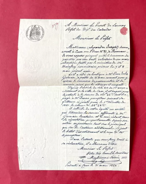 Lettre XIX ème à Monsieur le Provost de Launay Préfet du Calvados en 1862