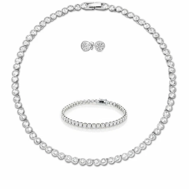 Tennis Necklace Earrings Rhodium Bridal Bracelet Set Swarovski Inspired 3pc UK