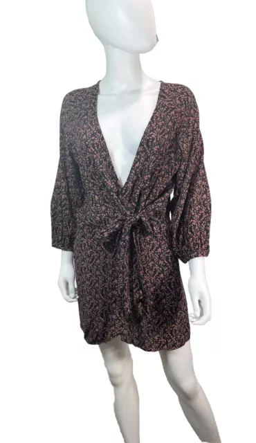 Free People Clara Tunic Mini Dress Floral Boho Black Orange Faux Wrap Size L