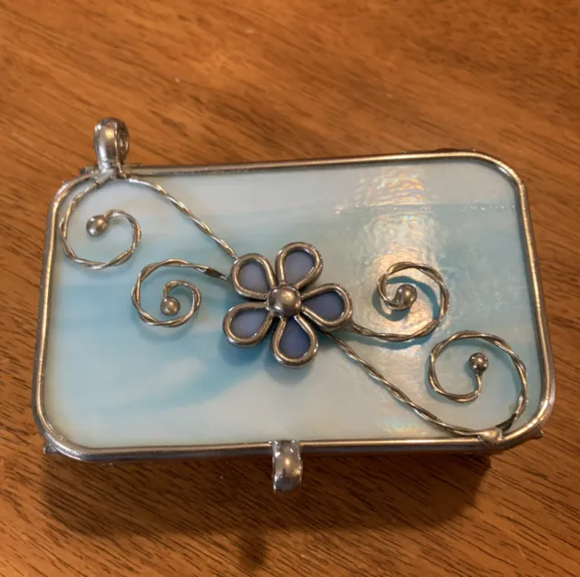 Vintage Leaded Light Blue Stained Slag Glass Decorative Jewelry Trinket Box EUC