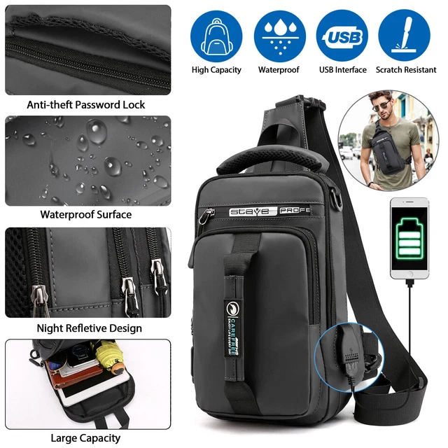 Men's Sling Crossbody Bag Anti-theft Chest Shoulder Messenger Backpack USB Port