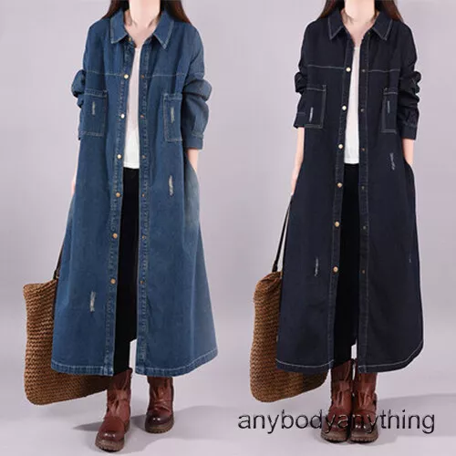 Womens Vintage Denim Trench Coat Jeans Shirt Dress Casual Long Jacket Overcoat