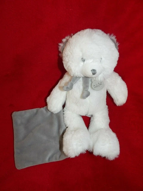 Doudou Peluche Babynat Pap'Ours Blanc Mouchoir Gris 25 cm Neuf