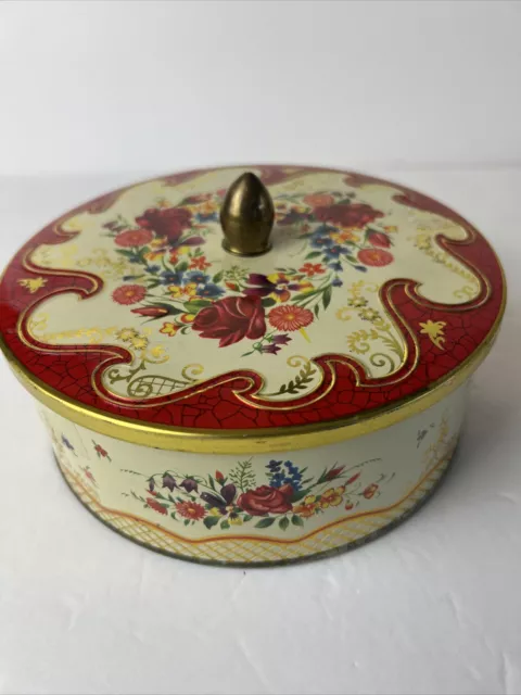Vintage small tin box with hinged lid fruits basket design - Made In  England