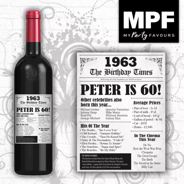 Personalisiert 1963 60. Geburtstag Wein Gin Wodka Flaschenetikett - Zeitung