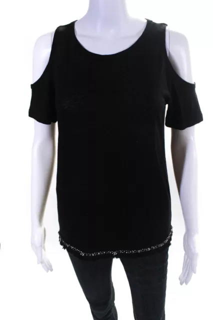 10 Crosby Derek Lam Womens Open-Shoulder Chain-Trim Raw-Hem Blouse Black Size XS