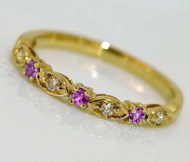 R103 Genuine 9K Solid Gold Natural Pink Sapphire Diamond Eternity Ring Trilogy