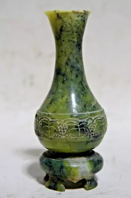 Interesting Chinese Carved Green Stone Vase & Stand Possibly Jade ? - Rare L@@K