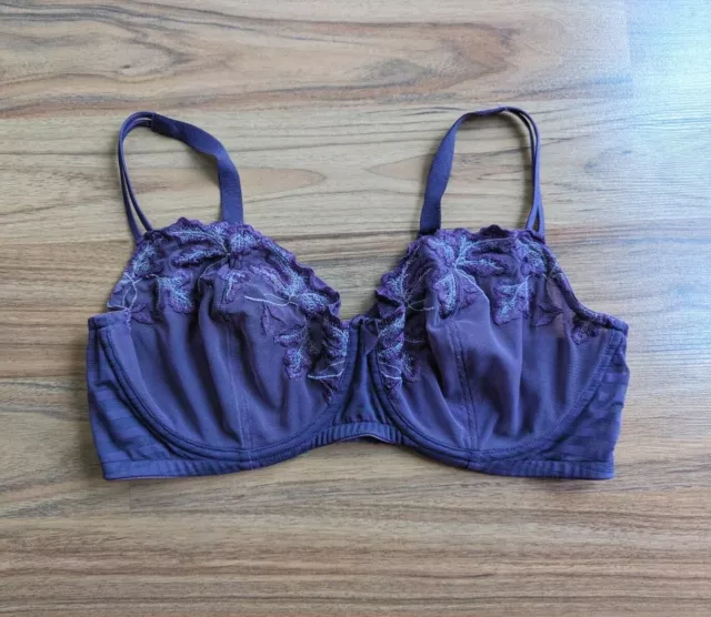 Felina Bra 38DD Purple Lace Underwire Unlined Mesh Sheer Floral Coquette B9