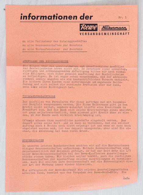 Information der Rewe Neckermann Versandgemeinschaft Rundschreiben Nr.1