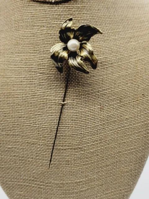 Vintage Flower Brass Gold Tone Stick Pin Brooch Hat Pin Faux Pearl 5 in