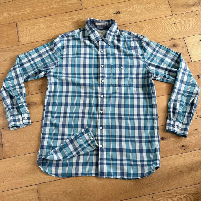 L.L. Bean Shirt Men’s Large Tall Plaid Blue Green Check Cotton Slightly Fitted