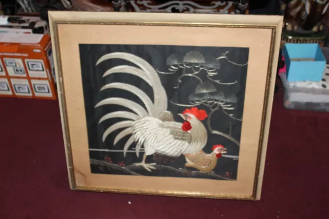 Chinese Asian Rooster Chicken Embroidery Needlepoint #2 Large Framed Cock