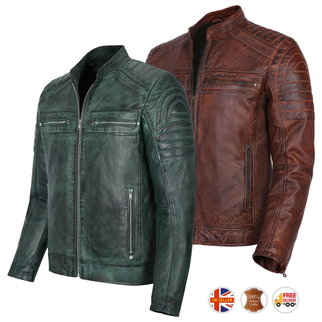 Giacca da motociclista da uomo vintage Cafe Racer marrone vera pelle aderente vera Regno Unito