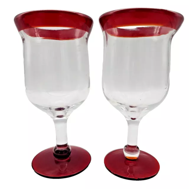 Mexican Hand Blown Ruby Red Rim & Base Pair x 2 Water Wine Glasses Goblets