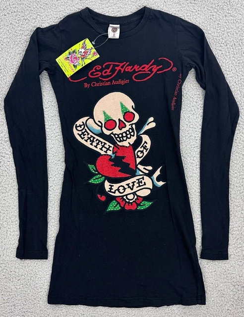 Ed Hardy Shirt XS Long Sleeve Graphic Rhinestones Double Sided Y2K 90s