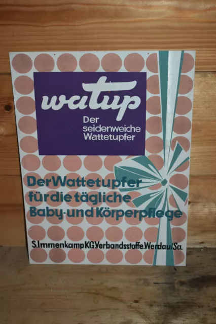 Altes Reklameschild DDR Watup,Wattetupfer,Verbandsstoffe Werdau/Sa.50er J.,Orig.