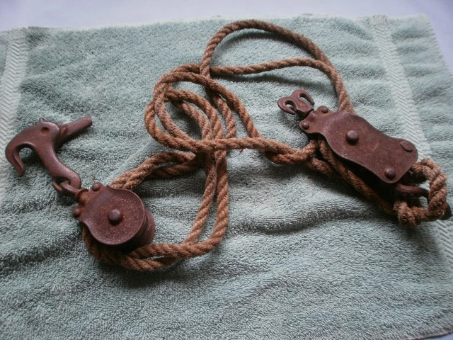 Vintage Double Cast Iron Pulleys Farm Barn Rope Equipment 19" Long Rope and Cast