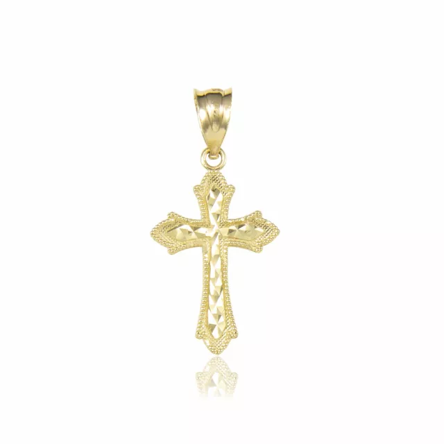 10K Solid Yellow Gold Fleur-De-Lis Cross Pendant - Dia Cut Necklace Charm