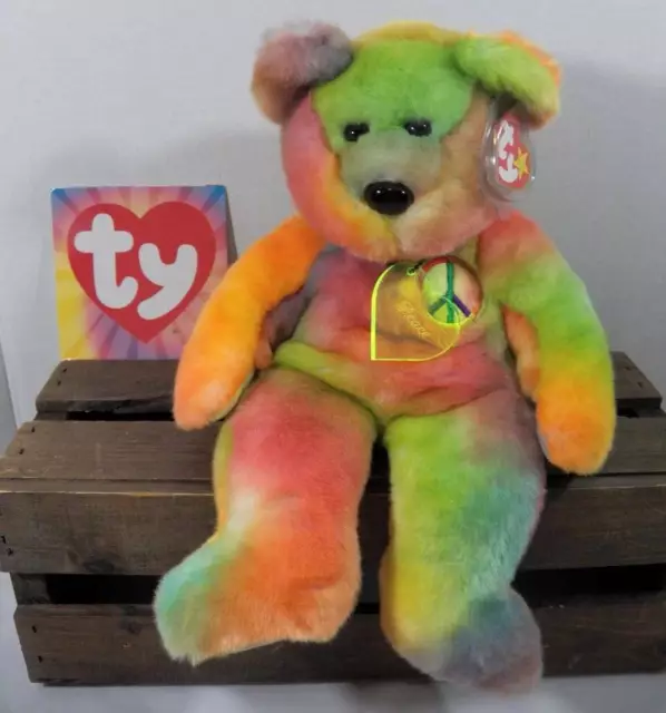 ~TY Beanie Babies~ 1999 PEACE Tie Dye Buddy Bear Engraved Heart Name Tag