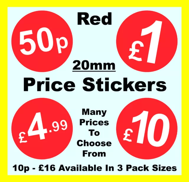 20mm Retail Shop Display Red Price Point Stickers / Sticky Labels £1 £2 £5