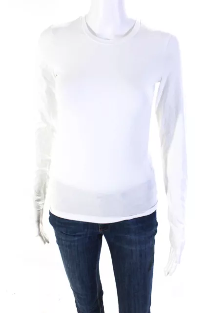 Theory Womens Cotton Stretch Round Neck Long Sleeve T-Shirt Top White Size P