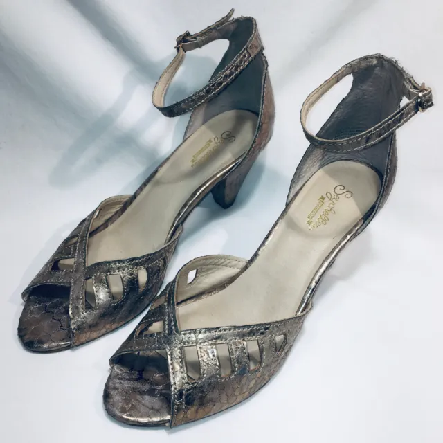 Seychelles Shoes Womens sz 9 Metallic Snake Print Heels Open Toe Gold Embossed