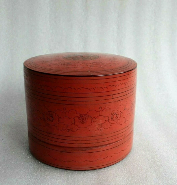 Antique Vintage Burmese Red Lacquer Box Container Oriental Collectible BS-21